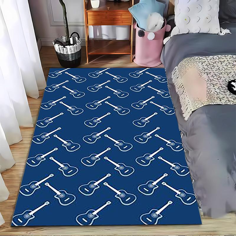 Blue Carpet with White Guitar Pattern, Music Theme Home Decor Rug Suitable for use as an anti-slip for living room bedroom sofas