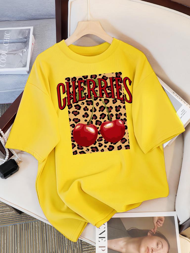 Leopard Cherry Creative Design Womens Tee Shirts Cotton Casual T Shirt Summer O-Neck Streetwear Soft Oversized Short Sleeve