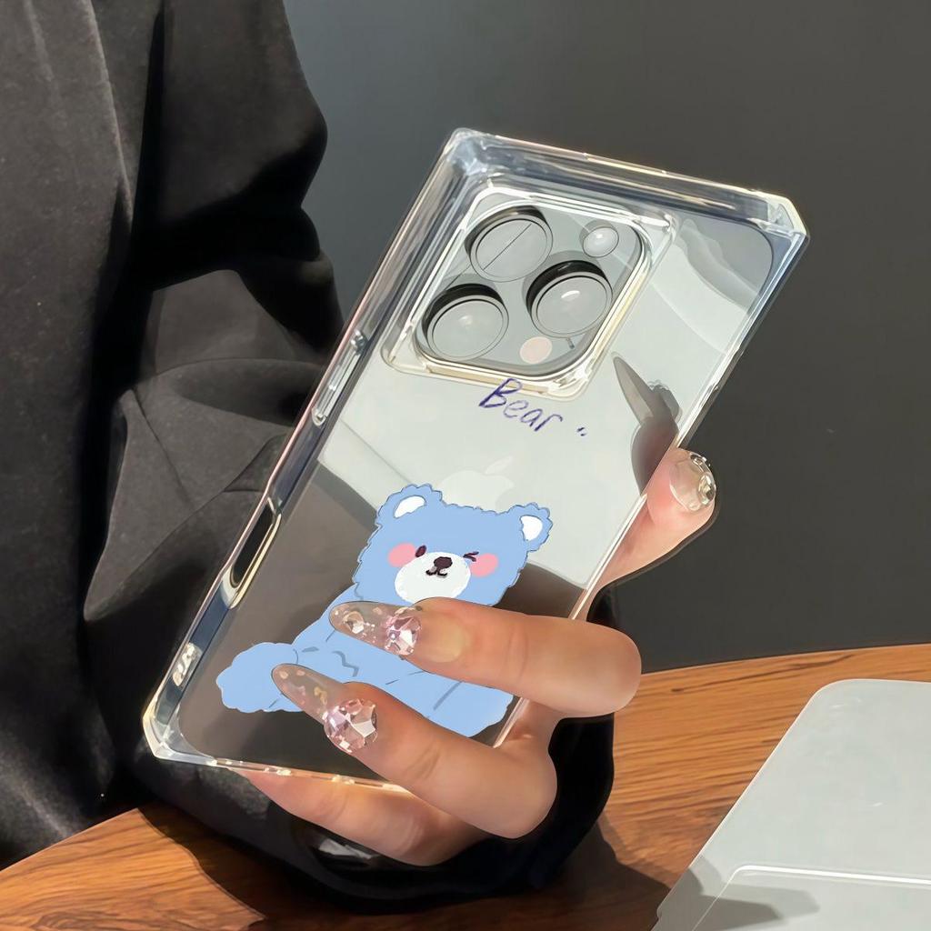 Square Back Tube Protection Clear Case For iPhone 12 13 16 ProMax 11 15 Plus 14 Pro Max Anti-Oxygen,Blue Bear Pattern Casing