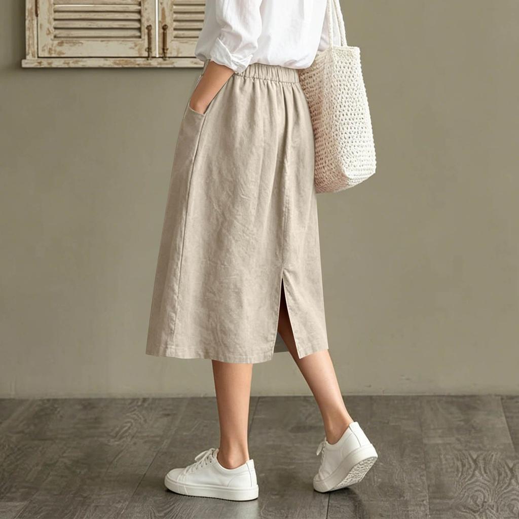 Women's Casual Vintage Loose Fit Midi Skirt with Pockets Elastic Waistband Button Front Design Comfortable Everyday Wear