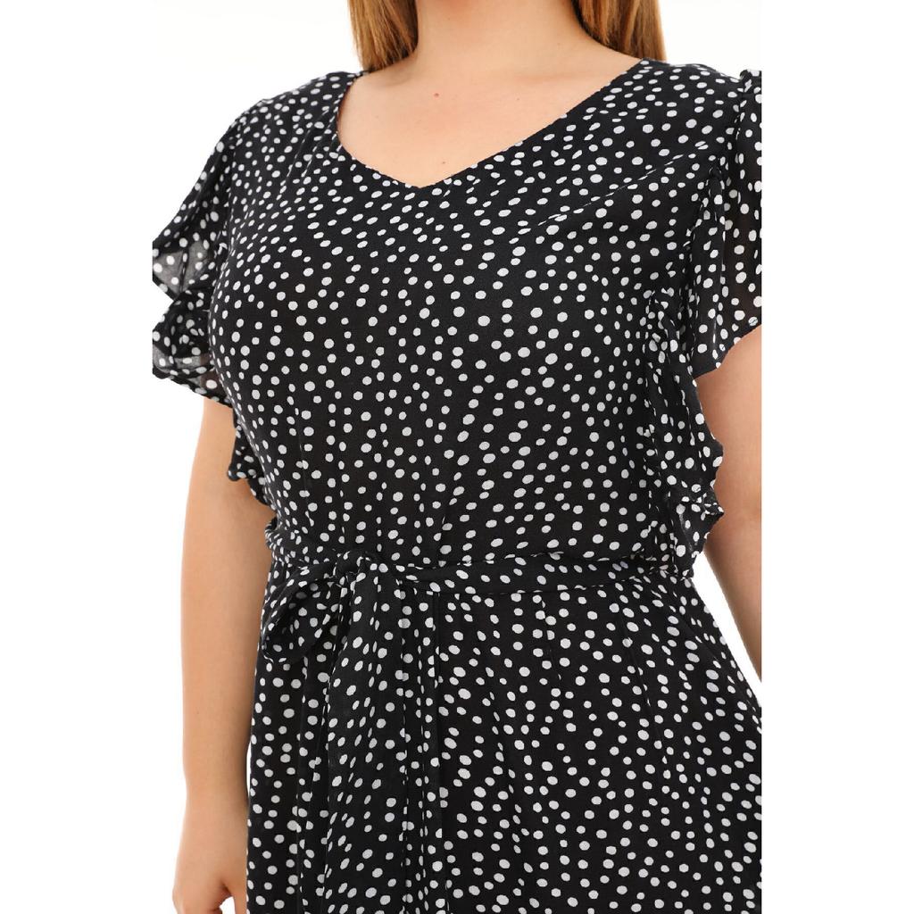 Flounce Sleeves Crew Neck Belted Floral Patterned Long Viscose Dress