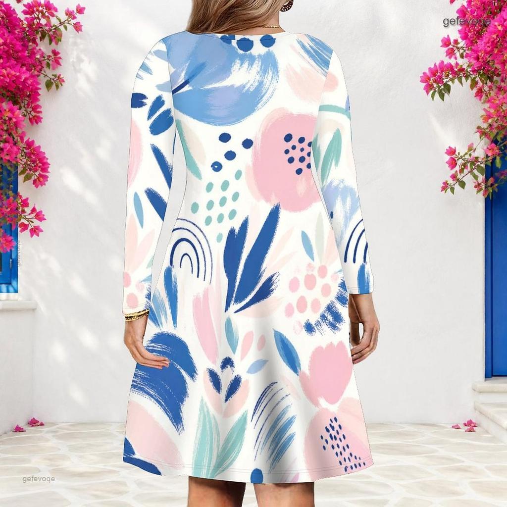 Women Plus Size V Neck Long Sleeve Printed A Line Flared Hem Dress