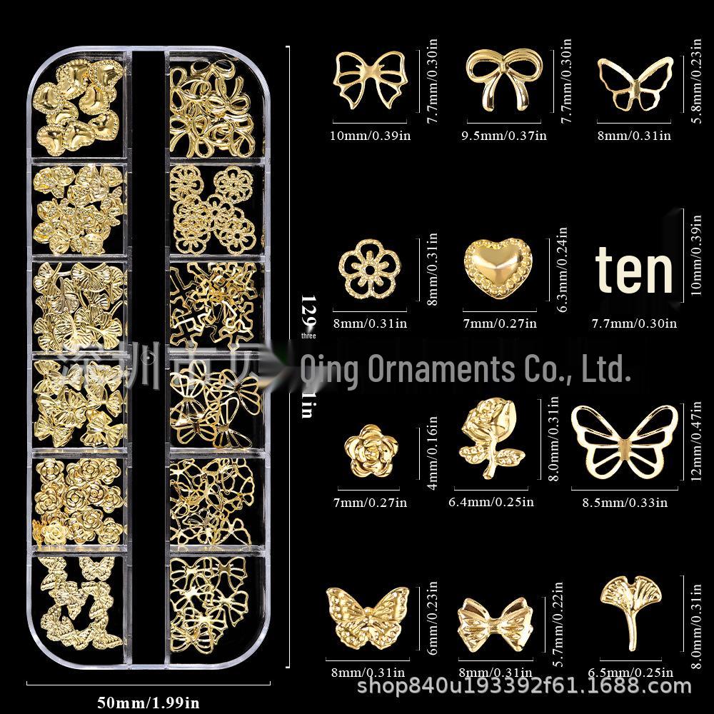 Gold Romantic Rose Metal Rivet Nail Art Stickers - Fairy Tale Heart & Bow Design
