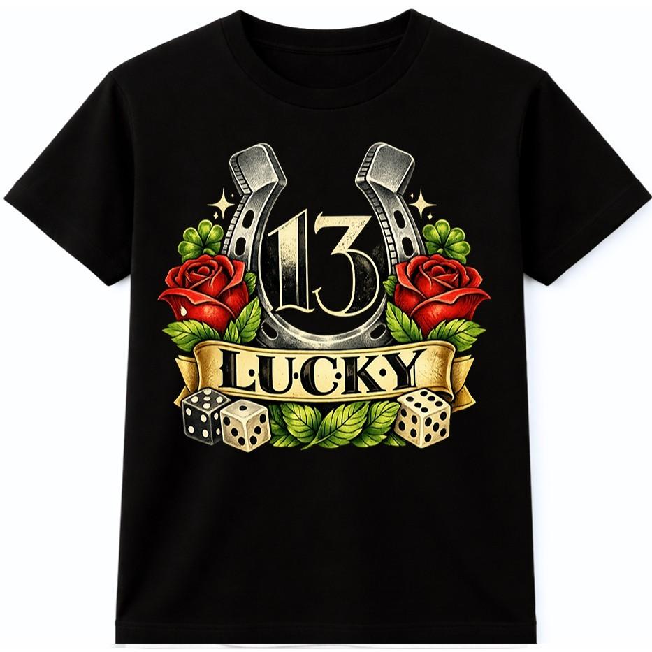 Lucky 13 T Shirt Horseshoe Roses Dice Vintage Gambling Good Luck Graphic Tee