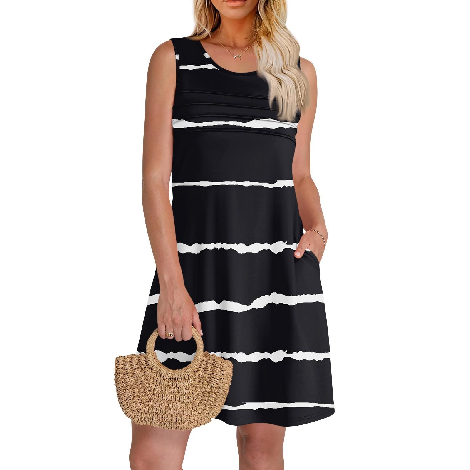 

Женские летние платья с круглым вырезом, плиссировкой спереди, без рукавов, карманами, сарафаном, повседневным платьем L чёрный