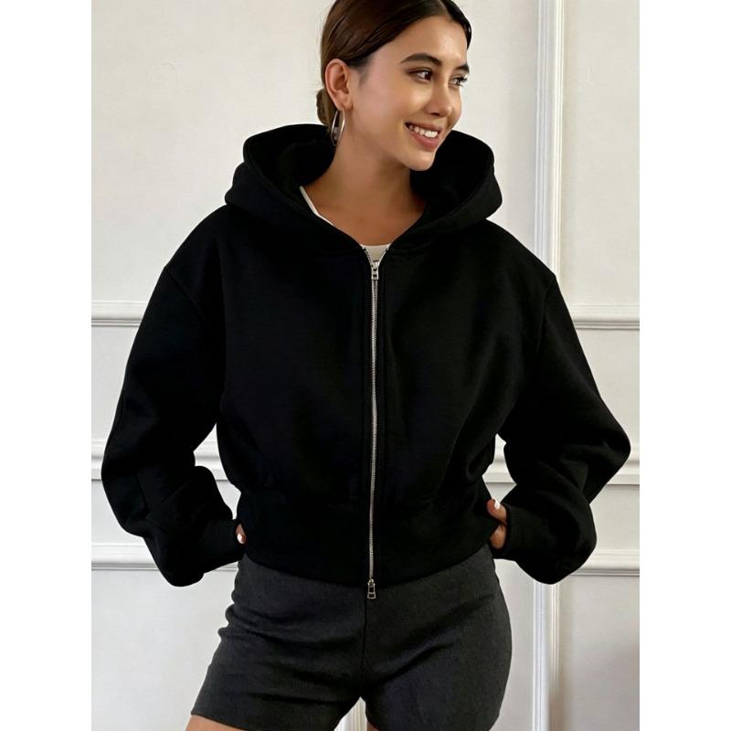 Women Short Zip Up Hooded Cardigan Batwing Sleeve Loose Streetwear Solid Color