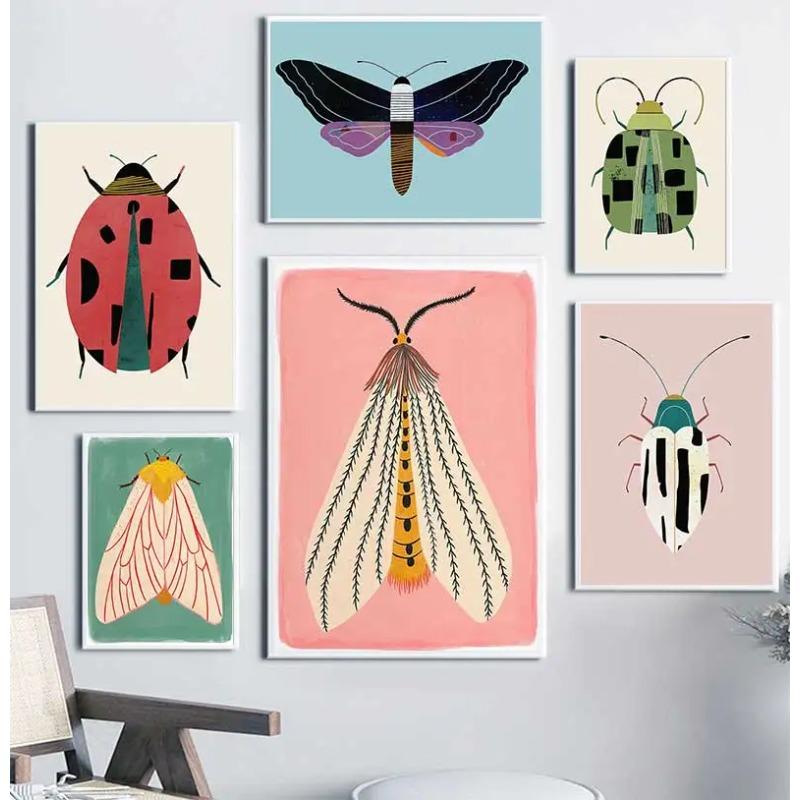 Butterfly Wall Art Ladybug Tiger Moth Beetle Feather Canvas Painting Nordic Poster Printing Wall Picture Bedroom Decoration