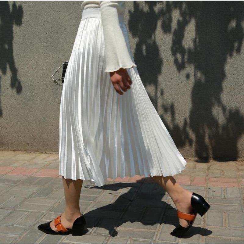 Women Satin Pleated Midi Skirt Elegant Elastic Waist Solid Color A-line Skirt