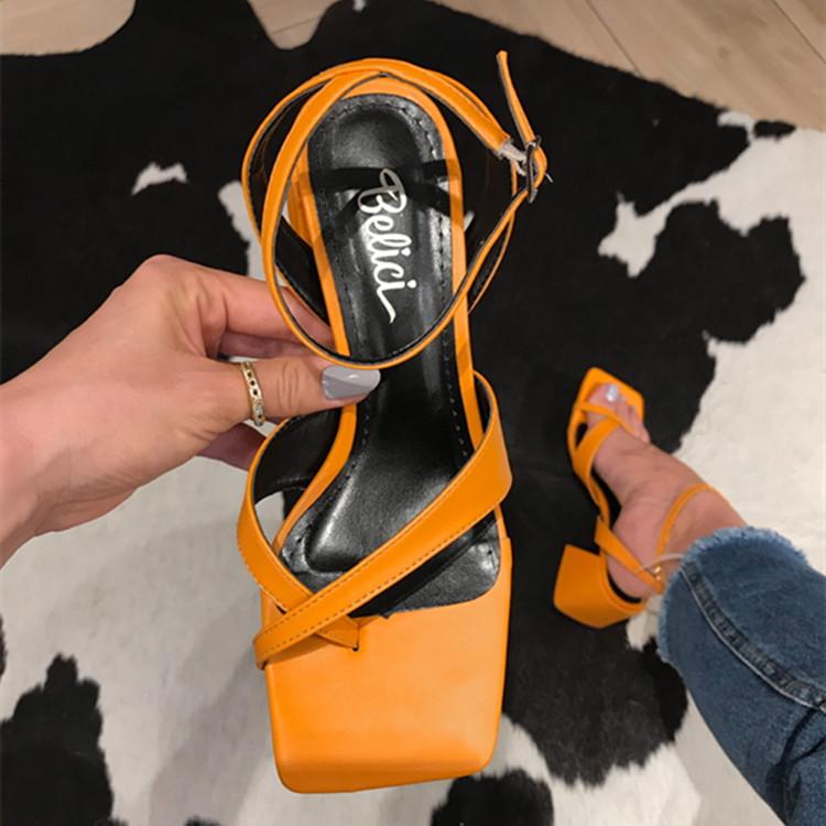 Women's Plus Size Chunky Heel Peep Toe Buckle Sandals with Hollow Square Toe