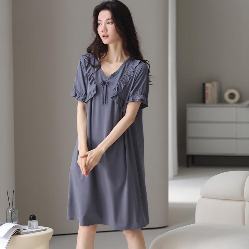 Women's Court Style Cotton Silk Nightgown with Built-In Bra Pads, French Large Size Summer Pajama Dress