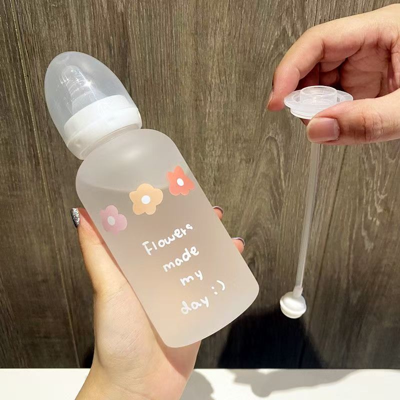 Cute Cartoon Plastic Water Bottle Pacifier Straw Cup Suitable For Adult Children Milk Drinking Bottle Flower Baby Feeding Bottle