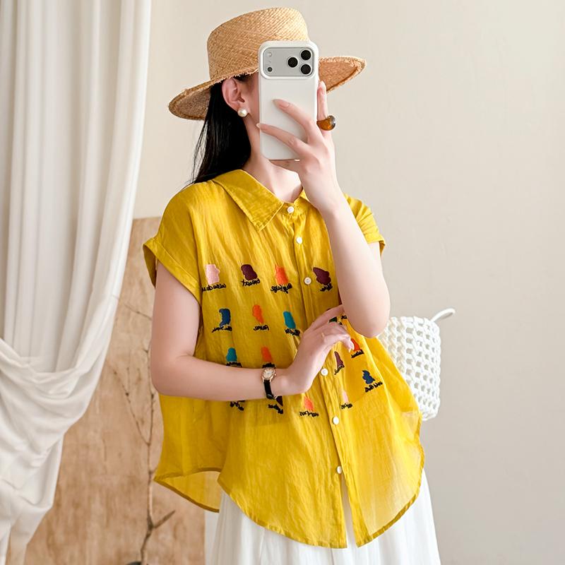 DIMANAF 2026 Summer New Plus Size Women Blouse Shirt Casual Lady Tops Tees Loose Embroidery Floral Cotton