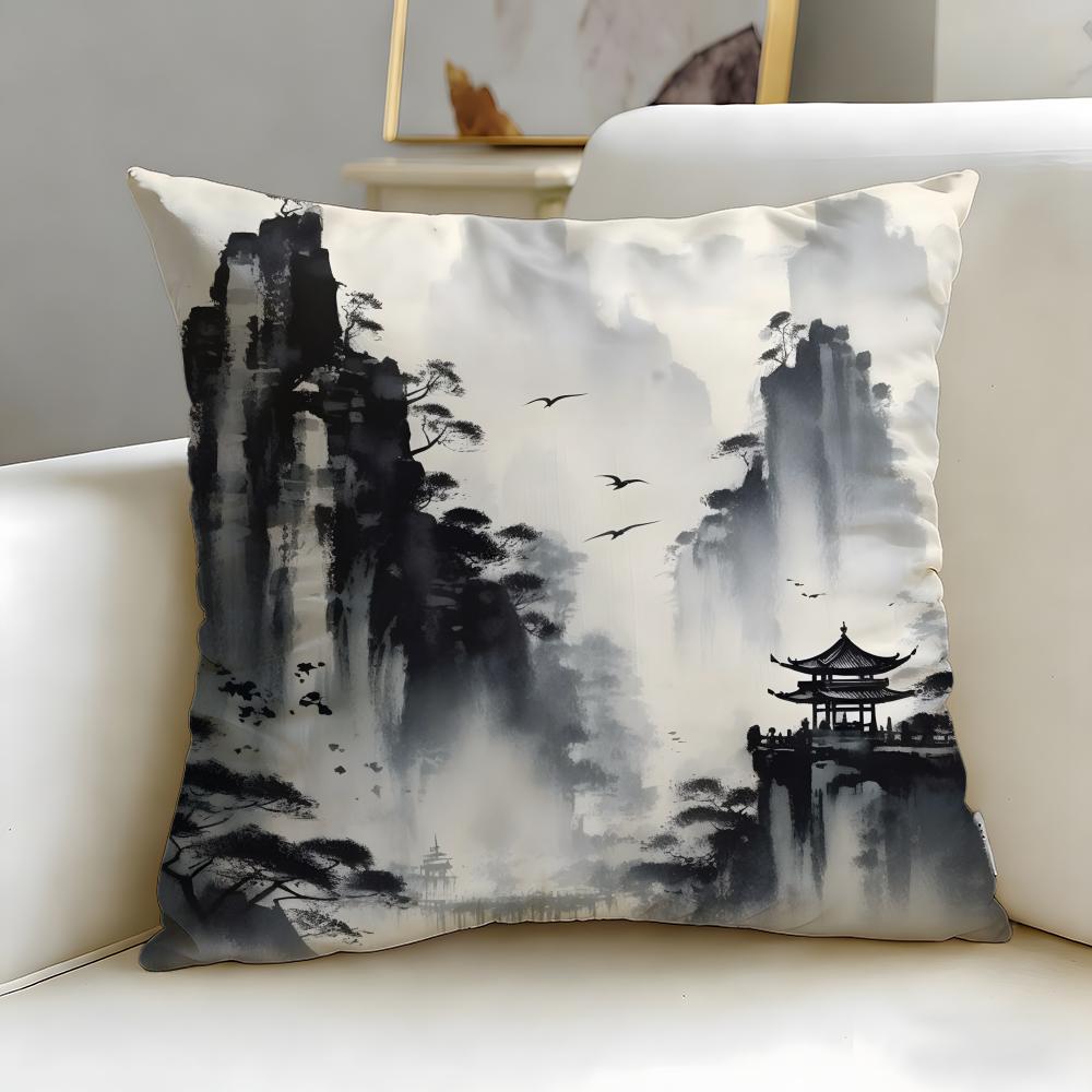 theme Chinese Ink Painting Style Cushion Cover Soft  EasyWash Pillow Case  Versatile for Couch Bed Travel and Office