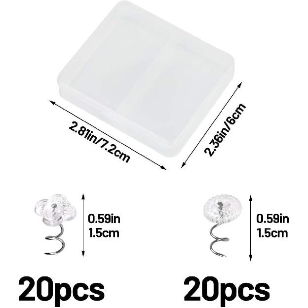 LUNARM 40 PCS Upholstery Tacks Clear Heads Twist P with Storage Box, 2 Styles Bedskirt Tacks P for Upholstery, Slipcovers, and Bedskirts Decoration