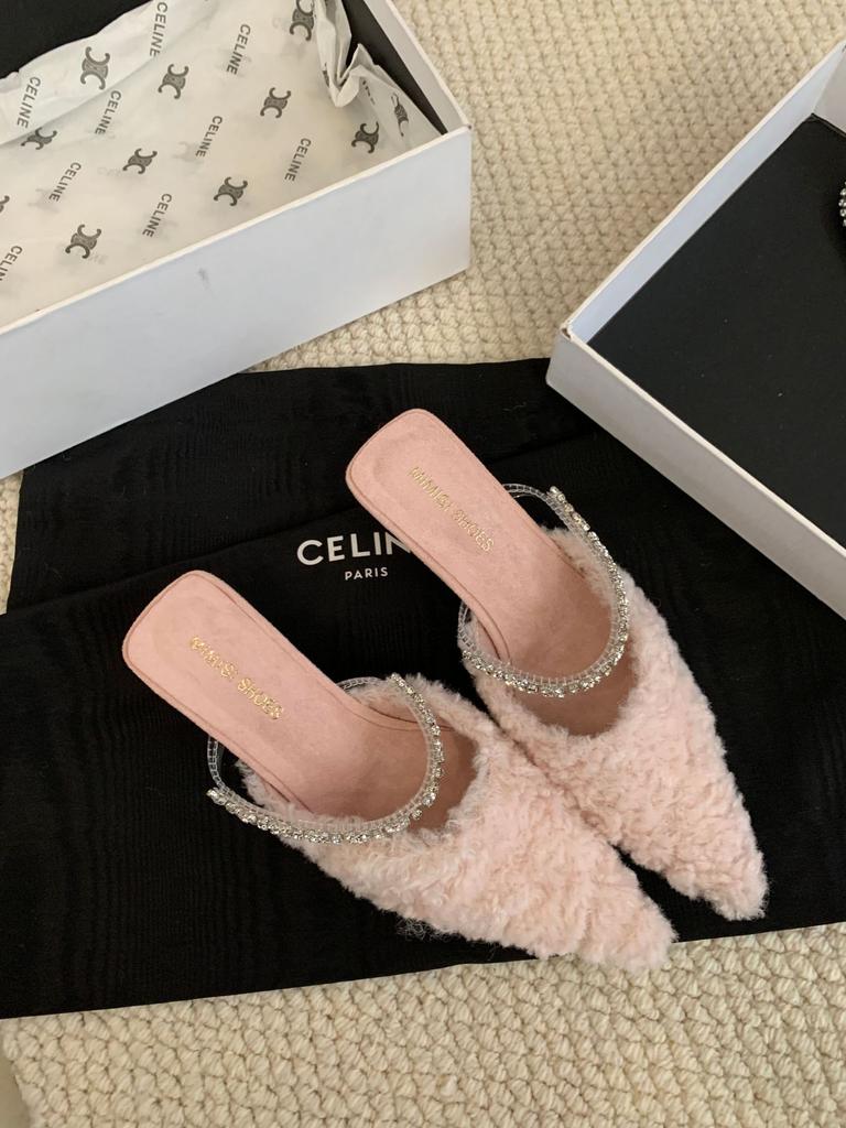 Plush pointed rhinestone half slippers women's 2025 autumn French muller shoes