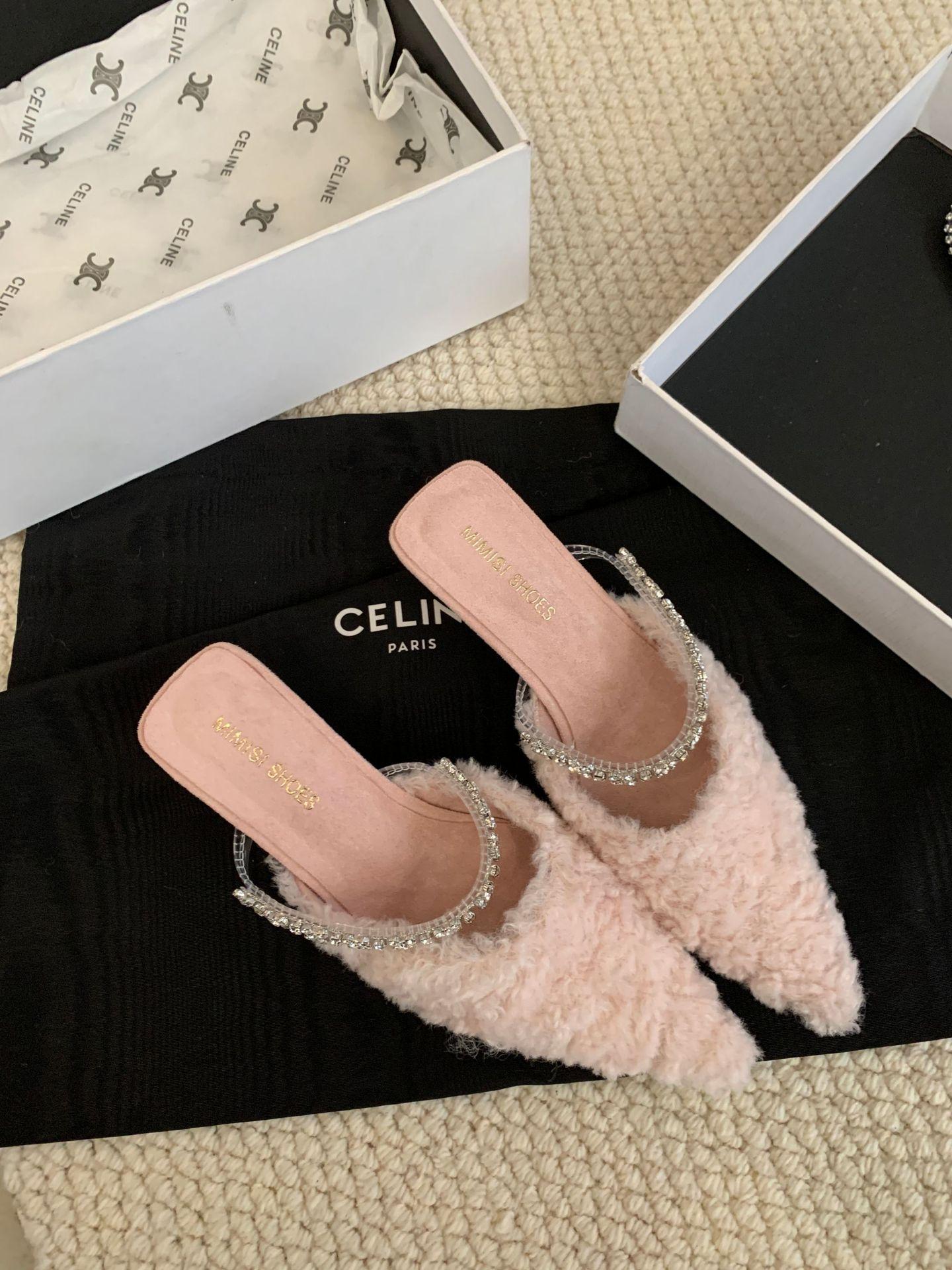 

Плюшевые остроносые полутапочки со стразами женские 2025 осень французские туфли-мюли 39