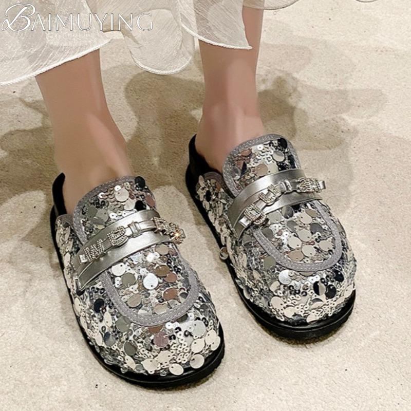 Bling Platform Mules Slippers Women Flat Sandals Casual Loafers Shoes Woman 2025 Trend Comfort Elegant Dress Summer Slides Mujer