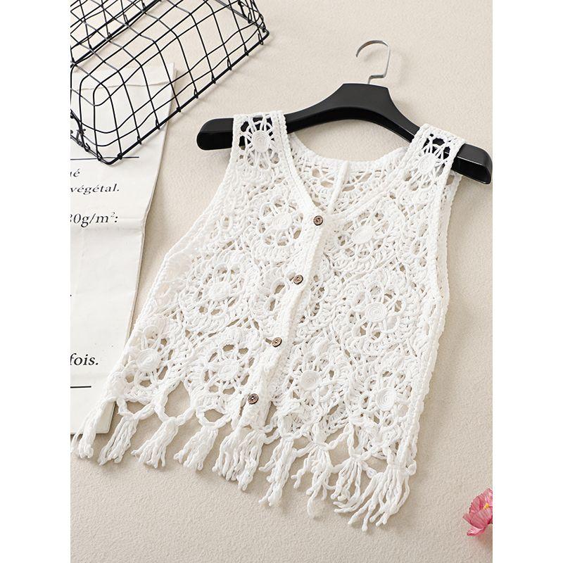 Korean Style Summer New V-neck Small Crochet Hollow Tassel Vest Knit Vest Waistcoat Short Cardigan Women