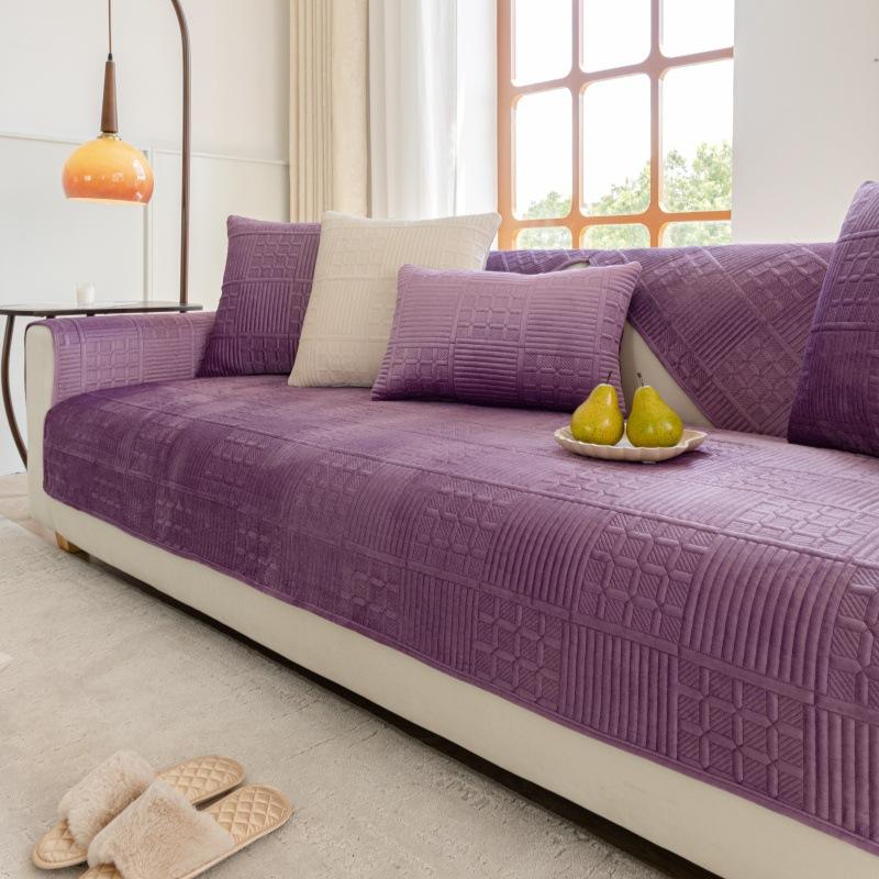 Nordic Simple Solid Color Modern Plush Sofa Cushion Four Seasons Universal Embroidery Non-Slip Seat Cushion Dutch Velvet Sofa Cover Towel