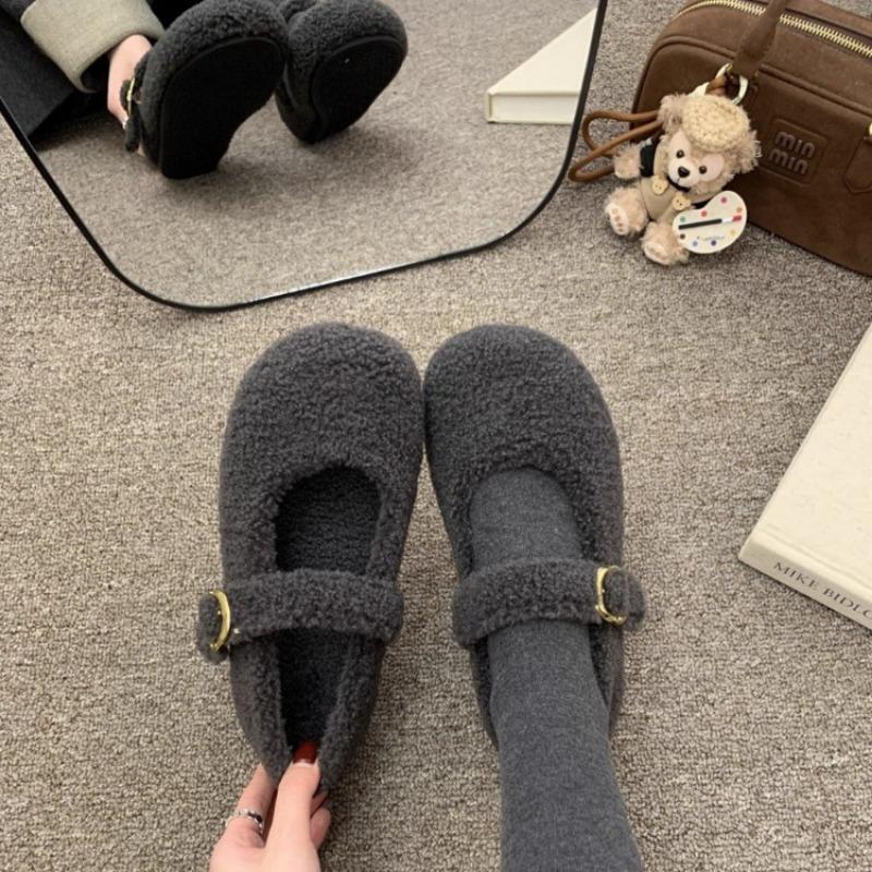 

thick-soled white plush plush shoes women s shoes wear new autumn and winter Mary Jane single shoes plush cotton shoes 35 серый