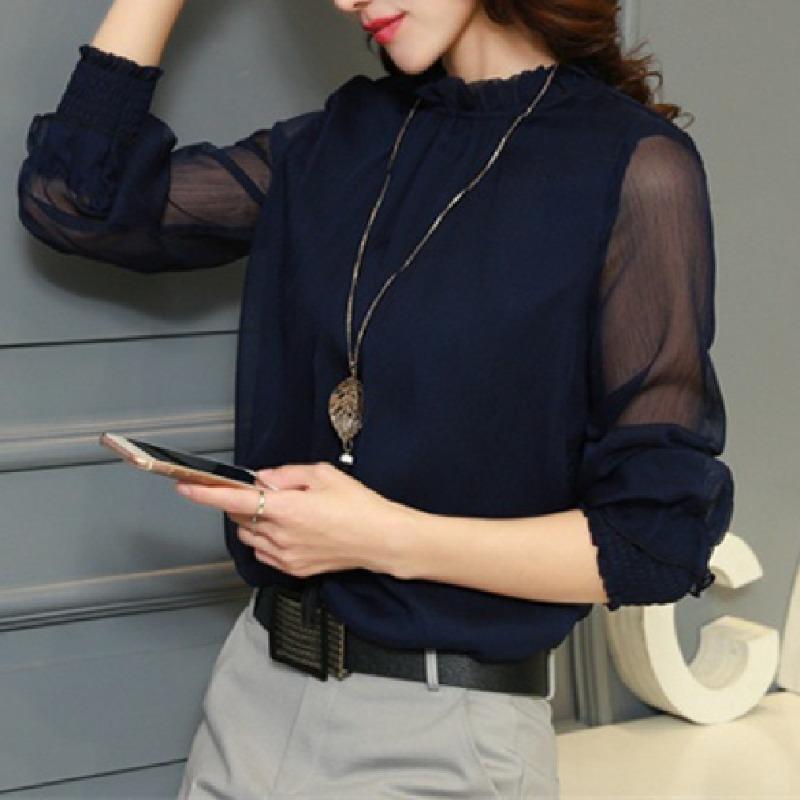 Spring Summer Lace Chiffon Shirt Plus Size Women's Mesh Ruffle Edge Long Sleeved Base Shirt Top Shirt Blouses & Shirts