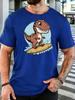 Red Unisexs Tee Surfing Dinosaur Cartoon Print Crew Neck Cotton Short Sleeve Trend Male Street Summer Soft Daily Casual Wear