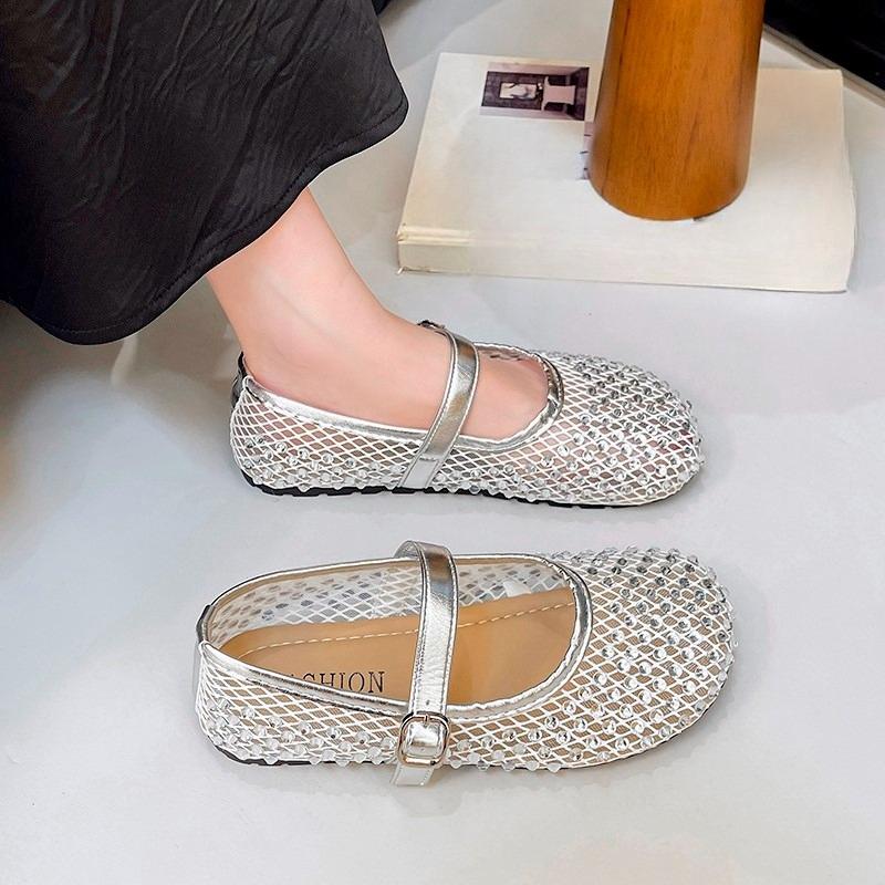 Fashion Cutout Mesh Mary Jane Women's Shoes Summer New Fashion Rhinestone Round Toe Mesh Breathable Strap Flat Single Shoes