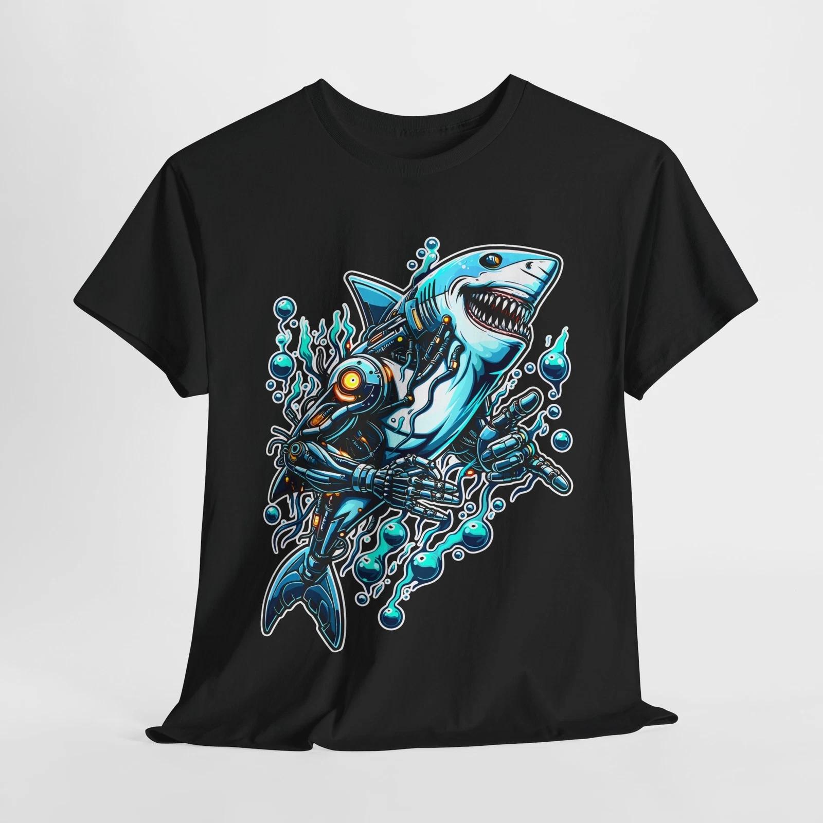 Robot Shark Unisex Tee, Android Graphic T-Shirt, Cool Cyberpunk Top, Men s 4XL