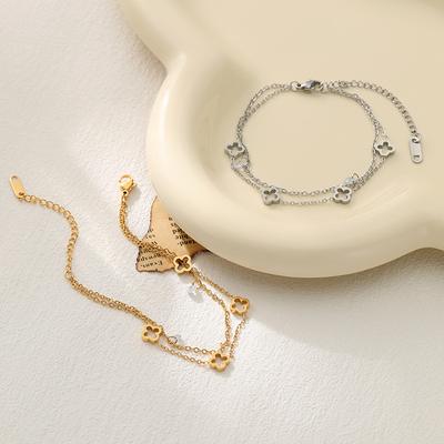 Titanium Steel Hollow Four-leaf Clover Double Stacking Bracelet Does Not Lose Color Girls Girlfriends Jewelry Simple Bracelet