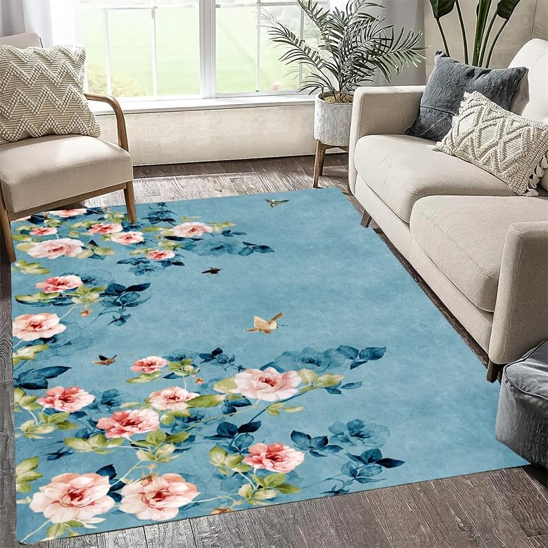 Chic Teal And Pink Rose Rug With Bird And Butterfly Pattern - Quick Drying, Machine Washable, Suitable For Living Room, Bedroom