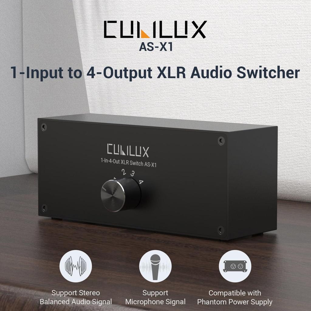 Cubilux 1 Input 4 Output Stereo XLR Audio Passive 1 Female to 4 Male Balanced XLR Source Switcher Box AS-X1 Selector,