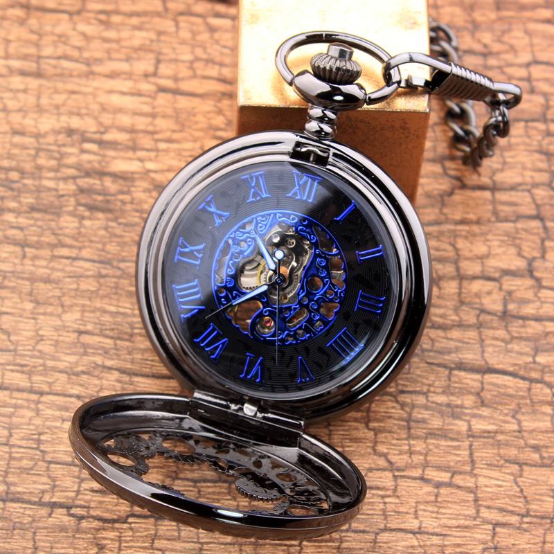 Gear Gun Black Mechanical Pocket Watch Vintage Clamshell Hollow Necklace Pocket Watch for Men and Women