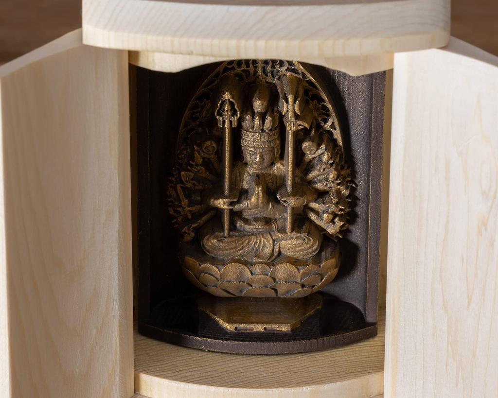 Zeku Kannon Buddhist Statue in a Shrine Gold Prayer at Kongo Mount Koya Guardian of the Zodiac for those born in the Year of the Rat Thousand-Armed