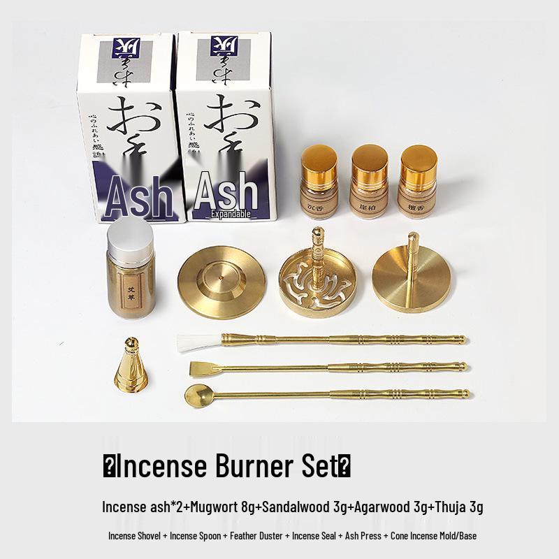 Antique Brass Incense Kit: Spoon, Shovel, Ash Press, Seal Stamp - Entry-Level Ceremony Tools & Supplies.