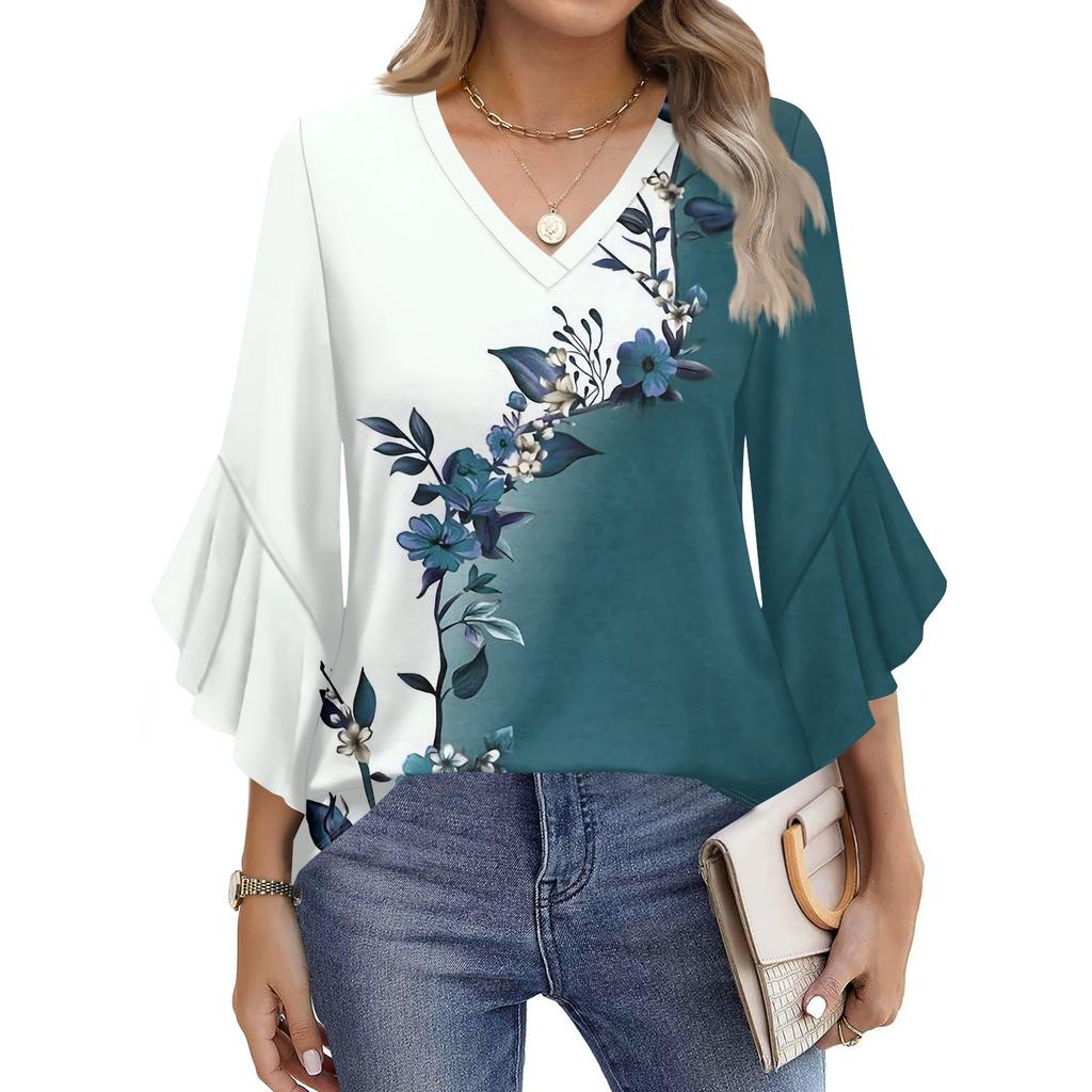 Women's Fashion Casual Seven-minute Sleeve Vintage Floral Print Top V-neck T-shirt Flared Sleeve Shirt
