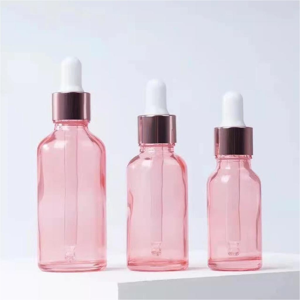 5/10/15/20/30/50/100ml Transparent Pink Glass Bottle with Pipette, Refillable for Serum & Oil, Empty