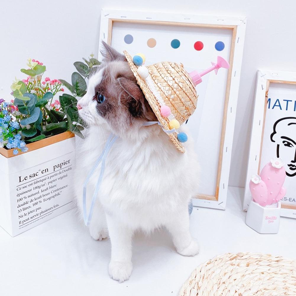 Mini Pet Cat Dogs Summer Straw Hat with Bamboo Dragonfly Hawaii Style Hat for Cats Dogs Funny Accessories
