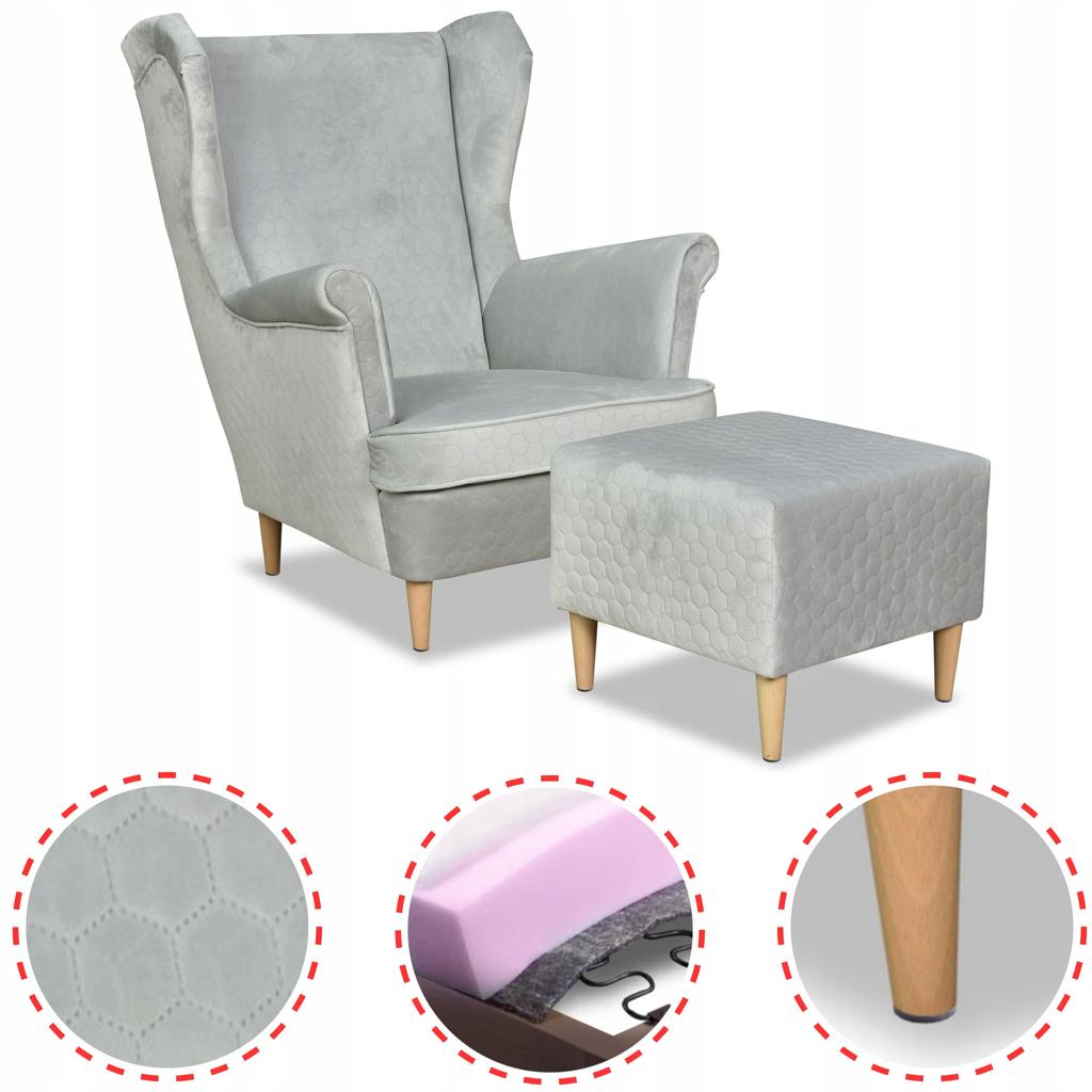 Angelo Wing Chair with Footrest Scandinavian Family Meble Light Gray Grey