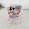 Bead Bracelet Chain Phone Case For iPhone 16 17 15 14 13 11 12 Pro Max Plus 3D Flower Bracket Holder Stand Lanyard Cover