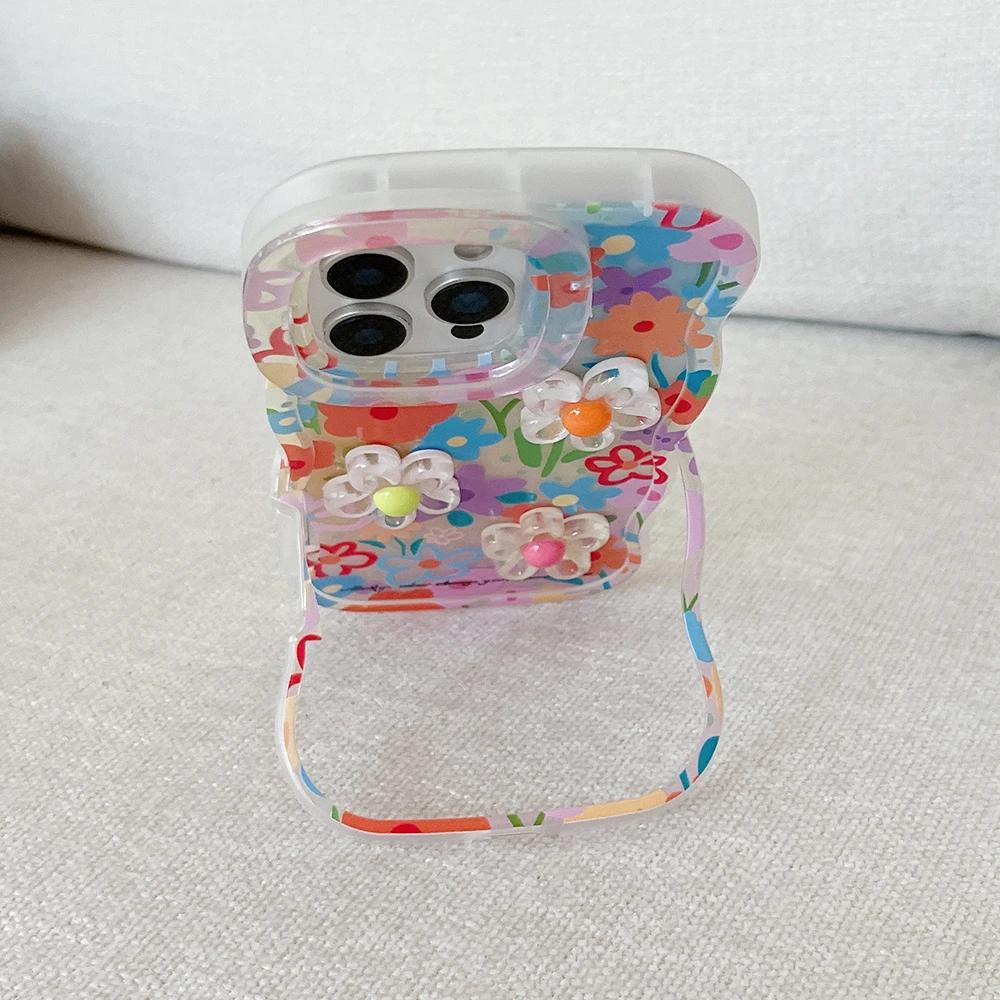 Bead Bracelet Chain Phone Case For iPhone 16 17 15 14 13 11 12 Pro Max Plus 3D Flower Bracket Holder Stand Lanyard Cover