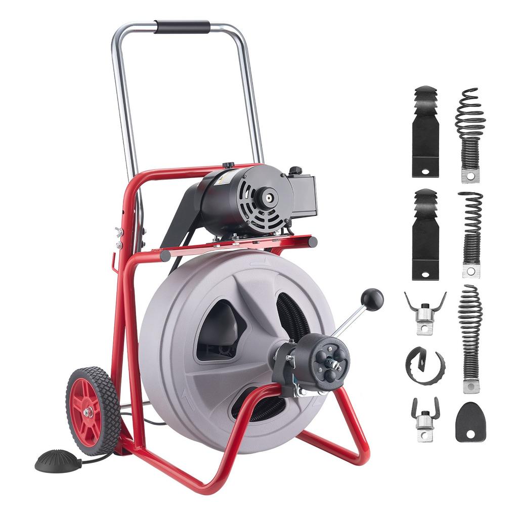 VEVOR Drain Cleaner Machine 30m x 13mm, Auto Feed Sewer Snake Drain Auger on Wheels
