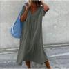 9 Colors Solid Color Cotton Linen Midi Dresses Women Fashion Casual V-neck Short Sleeves Loose Dress Simple Style Lady Dress