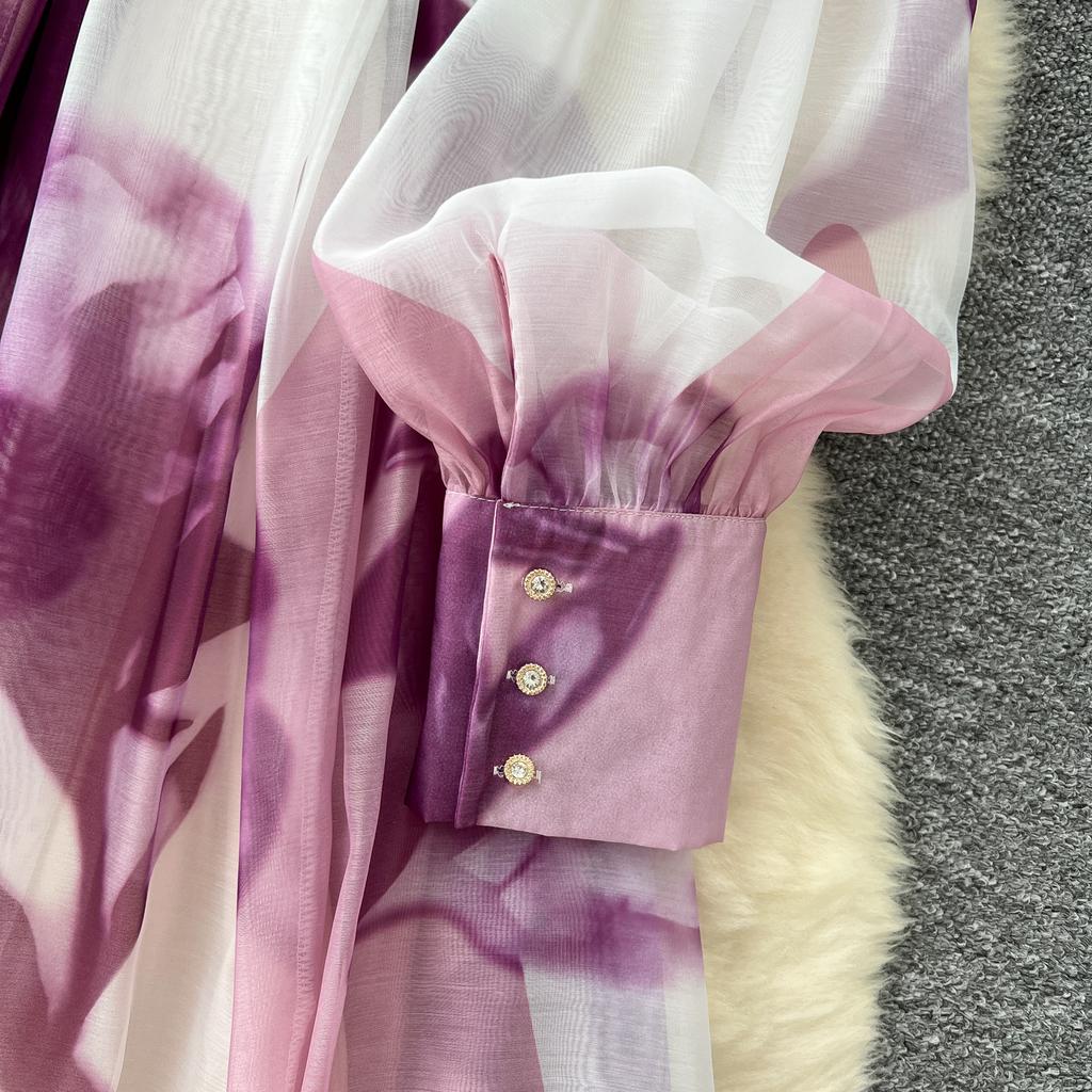 Sexy Long Sleeve Mesh Sweet Print Dress Chic Vintage Evening Party Club  Women Chic Summer Beach Long Dresses