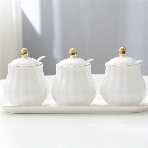 Creative Kitchen Ceramic Seasoning Jar Three-piece Seasoning Jar Seasoning Box Combination Salt Jar Chili Oil Cans Household