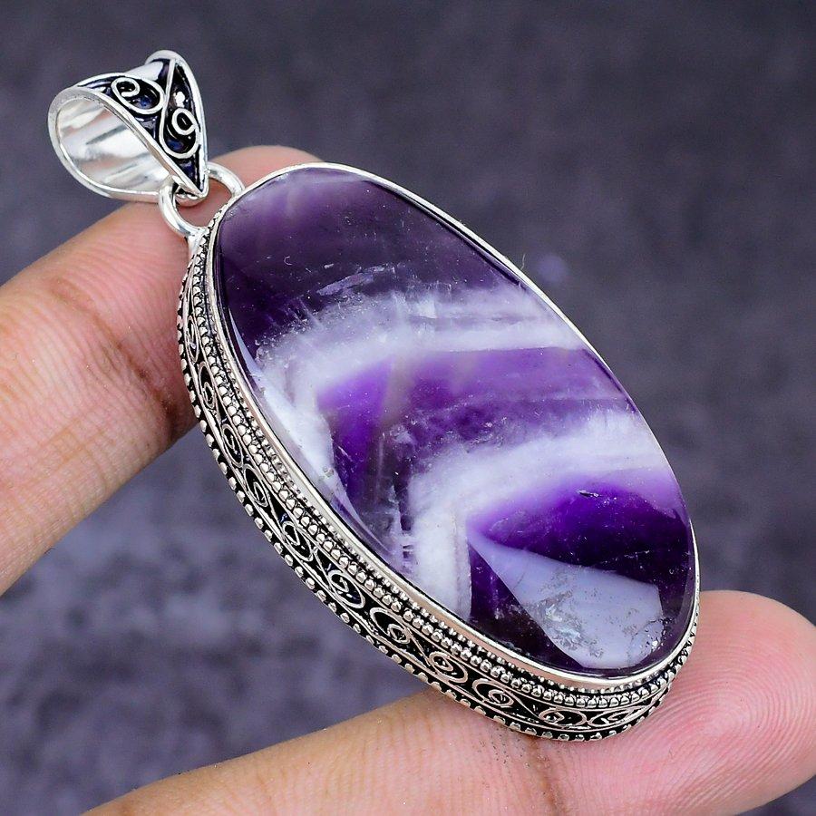 Natural Chevron Amethyst Gemstone 925 Sterling Silver Jewelry Pendant 2.36" ETC-14685