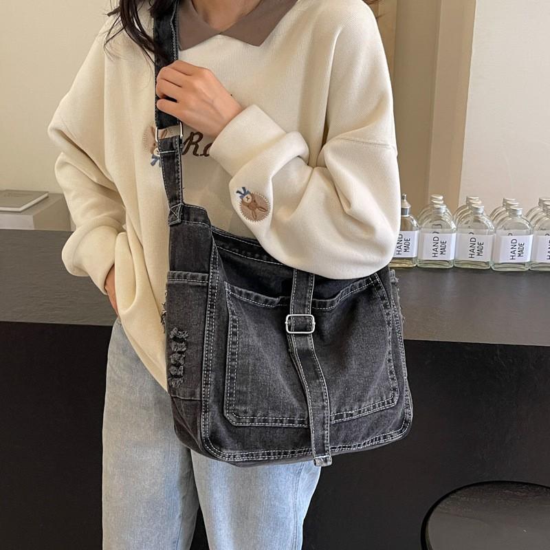 Large Capacity Denim Tote Bag Women Soft Structured Shoulder Crossbody Daily Commute Street Style