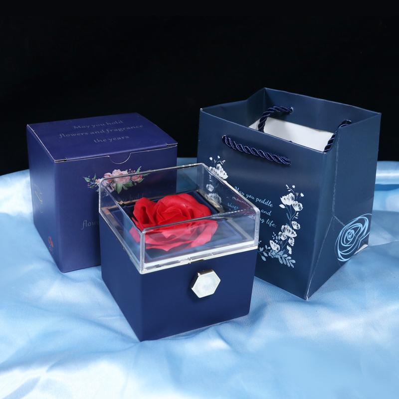 Manual Rotating Preserved Flower Jewelry Box with Necklace Ring Holder Luxury Acrylic Eternal Rose Box for Anniversary Gift