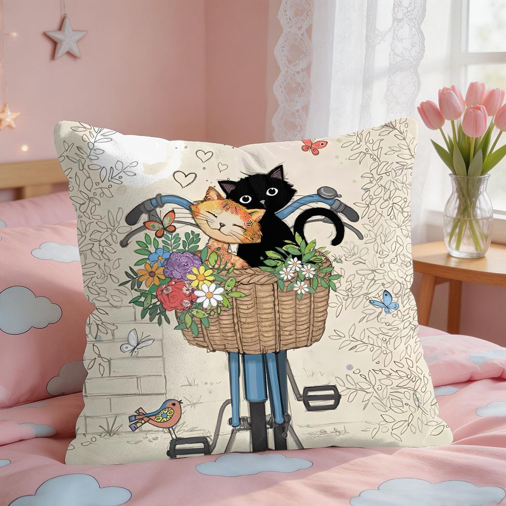 Cartoon Little Black Cat Cushion Cover Square Short Plush Pillow Case Living Room Sofa Home Decor Funda X