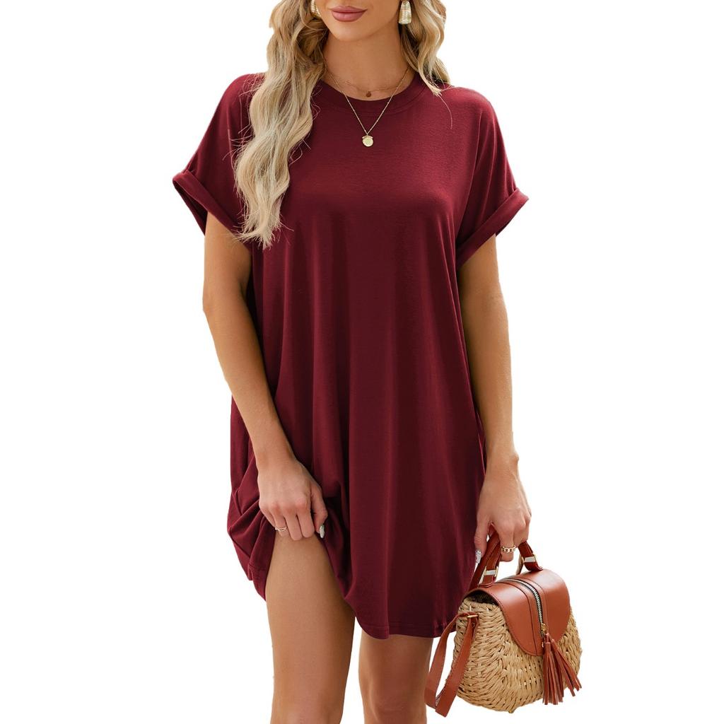 IHUASU Spring/Summer Solid Color Round Neck Loose Pocket Short Sleeve Women's Dress