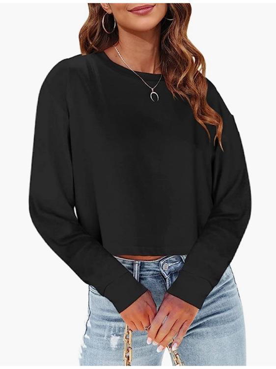 2025 Autumn Women's Solid Color Loose Round Neck Short Hoodie